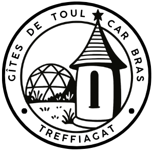Logo représentant une maison avec un toit en pointes et une structure en forme de dôme derrière, le tout entouré de plantes dans un style minimaliste.
